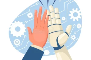 human-collaboration-artificial-intelligence-cartoon-bionic-hand-gives-five-to-limb-robot-people-cooperation-ai-technology-337227521